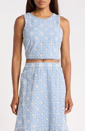 Ellen Tracy Embroidered Cotton Voile Crop Tank in Blue Daisy at Nordstrom Rack, Size X-Small