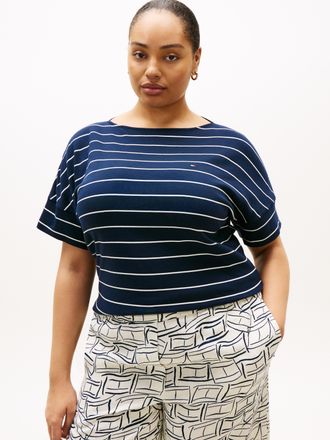 Tommy Hilfiger Kurzarmshirt TOMMY HILFIGER CURVE CRV MDRN CODY CAP SLV C-NK TEE, Damen, Gr. 48, breton stripe schwarz night, ecru, Single Jersey, Obermaterial: 100% 