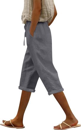 Generic Linen Trousers Womens Petite Women Short Leg Shorts Cotton for Ladies 3/4 Length UK Cargo Leggings Wide Cropped Long Baggy Knee Capri Pants Summer Clo
