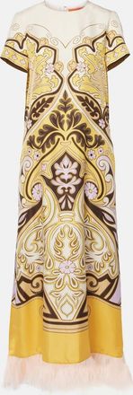 La DoubleJ Abito lungo in seta con piume e stampa