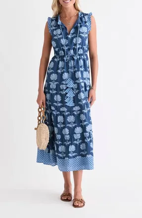 Vineyard Vines Abigail Print Tie Waist Sleeveless Dress in Quinn Floral Moon at Nordstrom, Size X-Large