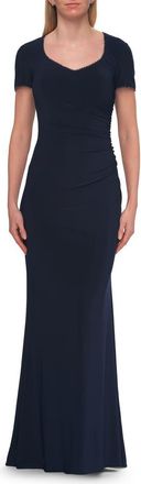 La Femme Short Sleeve Jersey Gown with Sweetheart Neckline and Ruching in Navy at Nordstrom, Size 10