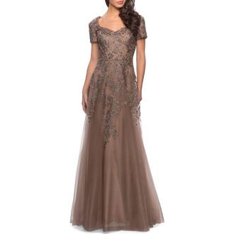 La Femme A-line Lace and Tulle Evening Dress with Beading in Cocoa at Nordstrom, Size 12