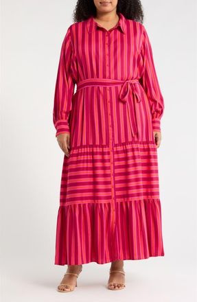 Sugarlips Clarisa Mavina Stripe Long Sleeve Button-Up Shirtdress in Fuchsia-Orange at Nordstrom, Size 3X