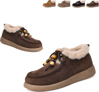 Generic Fashion Beaded Lace Up Comfort Round Toe Warm Cotton Shoes Womens Suede Platform Loafers with Fur Lined Anti-Slip Soft Sole Daily Work Walking Shoes (