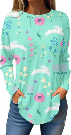 Generic HUIFUAO Easter Shirts for Women Easter Egg Bunny Round Neck Loose Casual Long Sleeve Top Easter Shirts Christian Funny Easter Outfits (Mint Green, XL)