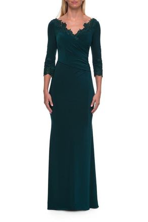La Femme V-Neck Lace Trim Gown with Three-Quarter Sleeves in Emerald at Nordstrom, Size 14