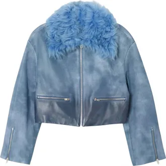 Re/Done Womens Distressed Aviator Shearling Jacket In Stone Blue