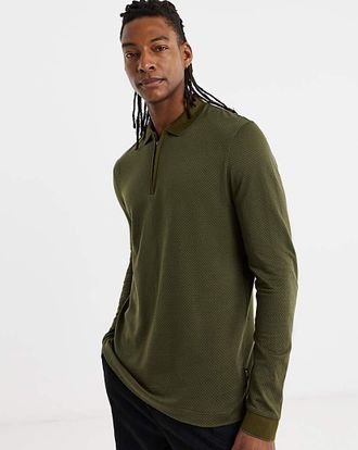 HUGO BOSS Long Sleeve Zip Polo - Dark Green
