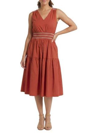London Times Embroidered Smocked Sleeveless Stretch Cotton Fit & Flare Dress in Tandoori Spice at Nordstrom Rack, Size X-Large