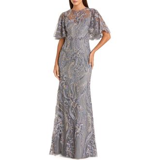 Mac Duggal Womens High Neck Flutter Sleeve Floral Embroidered Gown in Charcoal at Nordstrom, Size 10