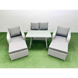 Fimous Light Grey pe Wicker Rattan Garden Furniture Set Sofa Set Reclining Chair Love Sofa Rectangular Dining Table 2 Big Stools 2 Side Tables - Fimous
