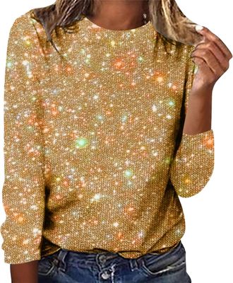 Generic WomenS Sparkly Tops Uk Ladies Glitter Tops - Fashion Crew Neck Pullover Sweatshirt Classic Long Sleeve Shirt Elegant Shiny Top Lightweight Jumpers Tre
