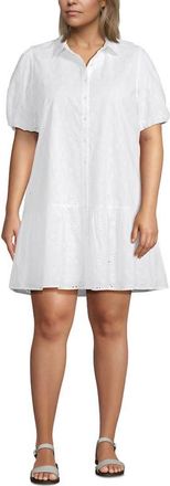 Lands End Elbow Sleeve Eyelet Knee Length Shirt Dress in White Floral Eyelet at Nordstrom, Size 3 X