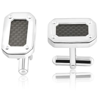 Pompeii3 Mens Stainless Steel And Black Carbon Fiber Rectangle Polished Cufflink 14mm