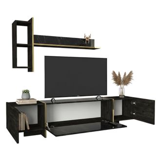 Dmora Dmora - Mueble De Televisi&oacute;n Neptura, Aparador De Sal&oacute;n, Mueble Bajo Para Tv, Base De Pared Equipada, 180x32h45 Cm, Negro Y Oro, Con Embalaje Reforzad