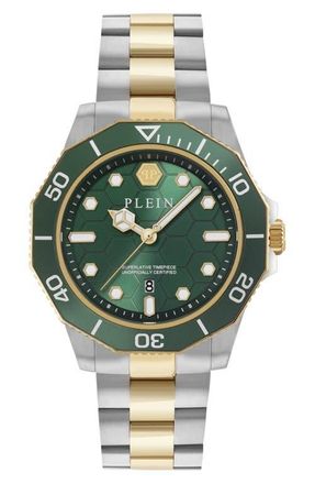 Philipp Plein Aquastorm Two-Tone Bracelet Watch, 44mm in Green/Two Tone at Nordstrom