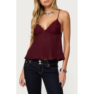 Edikted Rhian Lace Trim Pleated Babydoll Top in Burgundy at Nordstrom, Size X-Small