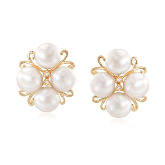 Ross-Simons 6-6.5mm Cultured Pearl Cluster Earrings With Diamond Accents in 14kt Gold