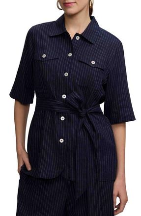 Foxcroft Estela Stripe Linen Blend Jacket in Navy Blue/White at Nordstrom, Size X-Small