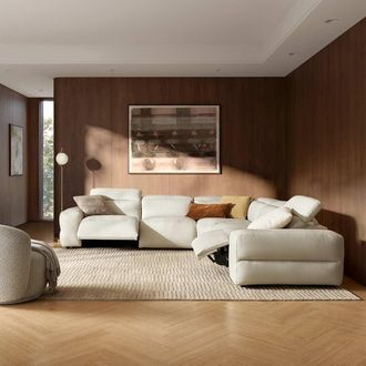 Castlery Modular Leather Wide Arm L-Shaped Sectional Sofa with Hidden Recliner Controls - White | Jaron by Castlery, Top Grain Leather, Modern Recliner