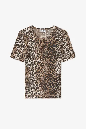Ganni Mixed Leopard Rib T-shirt - Size XXS Organic Cotton