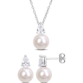Delmar Cultured Freshwater Pearl & Lab Created Sapphire Necklace & Stud Earrings Set in White at Nordstrom Rack