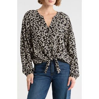 Sanctuary Tie Front Button-Up Shirt in Primrose Black/Ivory at Nordstrom Rack, Size X-Large
