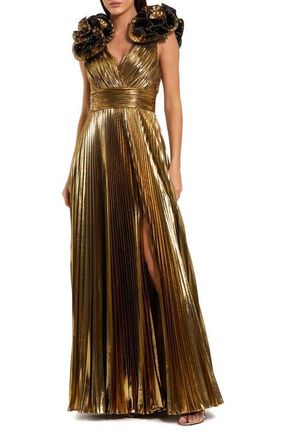 Mac Duggal Pleated Metallic V Neck Gown With Ruffle Detail in Antique Gold at Nordstrom, Size 10