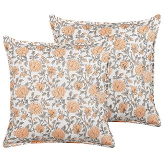 Beliani Conjunto De 2 Cojines De Algod&oacute;n Naranja Blanco Gris 45 X 45 Cm Borlas Meadia