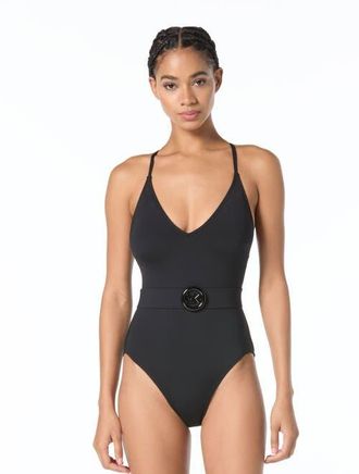 Michael Kors Bubble Logo Cross Back One-Piece Swimsuit in Black at Nordstrom, Size 14