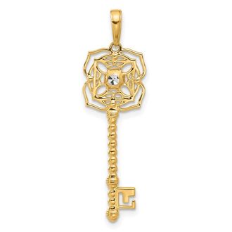 Diamond2Deal 14k Yellow Gold White Rhodium Diamond-Cut Floral Key Pendant