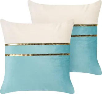 Beliani Conjunto De 2 Cojines De Terciopelo Azul Beige Dorado 45 X 45 Cm Glamour Allium
