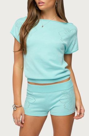 Edikted Noey Pointelle Knit Top in Aqua at Nordstrom, Size X-Small