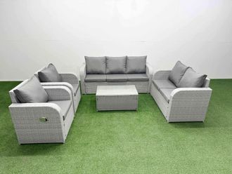 Fimous PE Rattan Garden Furniture Set Adjustable Chair Sofa Double Love Seat 2 Seater Sofa Lounge Set Oblong Coffee Table Light Grey