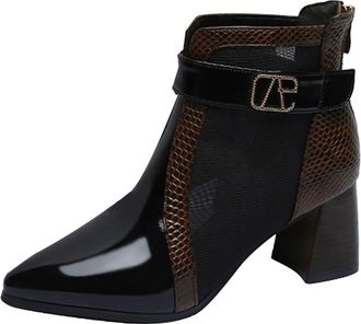 Generic Womens Ankle Boots with Mid Block Heel and Pointed Toe, Faux Patent Leather Fashion Booties with Buckle Strap, Stylish Stable Design, Ideal for Autumn