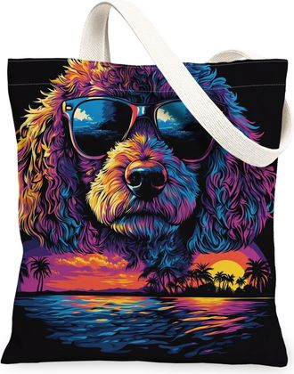 Generic Summer Poodle Dog Canvas Tote Bag for Shopping 13x15, Cool Beach Coastal Puppy Reusable Grocery Print Pattern Bag for Women, Retro Pet Beach Aesthetic