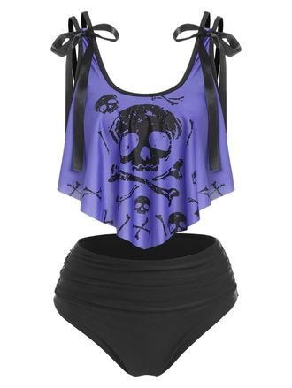 Dressfo Womens Bikini Set High Waisted Bikini Two Piece Bathing Suit Tummy Control Tankini Gothic Skull Swimsuit, Light Purple, Large