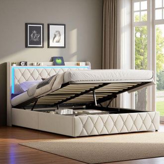 OEM Cama Con Arc&oacute;n Y Somier De Lamas - Cama Con Arc&oacute;n Doble 140x190 Cm - Terciopelo Beige - Led Rgb Y Puertos Usb/type-c - Arc&oacute;n De 29 Cm
