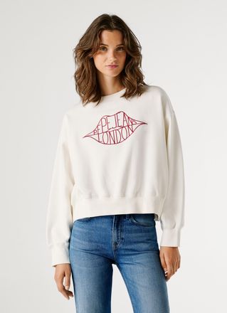 Pepe Jeans London Sweatshirt PEPE JEANS BERNIS, Damen, Gr. XL, 808mousse wei&szlig;, Sweatware, Obermaterial: 85% Baumwolle, 15% Polyester, normal, Rundhals, Rippb&uuml;ndchen, Sw