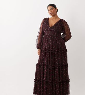 Lace & Beads Plus vestito lungo maxi a strati in tulle semitrasparente con maniche a palloncino e scollo profondo a pois rosa-Multicolore