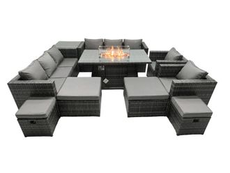 Fimous Rattan Garden Furniture Firepit Dining Set 12 Seater Lounge Sofa Table Set with side table 2 big Footstool in Dark Grey