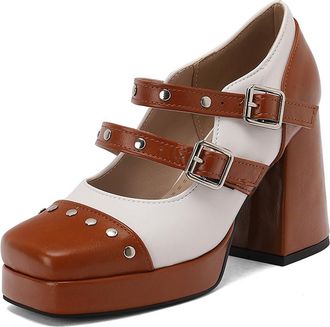 Generic Womens Platform Chunky High Heel Pumps Fashion Square Toe Studded Decor Ankle Strap Buckle Mary Jane Court Shoes (5.5,Brown)