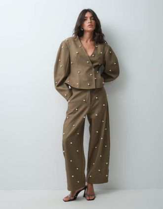 Asos pantalone sartoriale con applicazioni di perle in khaki-Verde