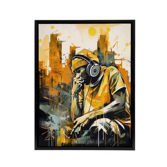 Artery8 City Skyline & Young Man With Headphones Framed Canvas Wall Art Print in Yellow | Size: W24 x H32