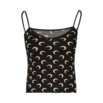 Marine Serre Sleeveless Tops, female, Black, Size: L Moon Printed Jersey Straps Top