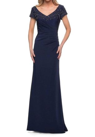 La Femme V-Neck Fitted Evening Dress In Navy