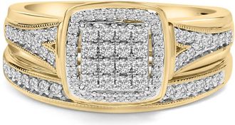 House of Brilliance 14K Yellow Gold Plated Sterling Silver 1/2 Cttw Diamond Square Cluster Bridal Set