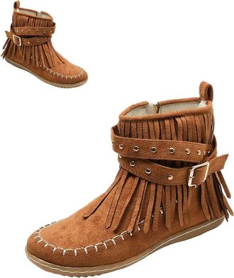 Generic Womens Fringe Ankle Boots Faux Suede Wide Width Round Toe Flats, Mid Calf Tassel Retro Dressy Dress Shoes,Wide Width Round Toe Flats Faux Suede Winter