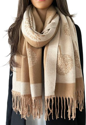 The Accessory Co. Cashmere Tree Life Blanket Scarf - Womens Pashmina Shawl, Winter Scarf - Large, Warm, Tree of Life Print - Beige Camel - Gift Boxed